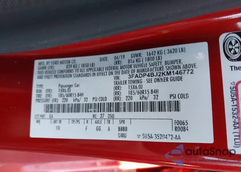 2019 Ford Fiesta Se z USA, uszkodzony, nr VIN 3FADP4BJ2KM146772
